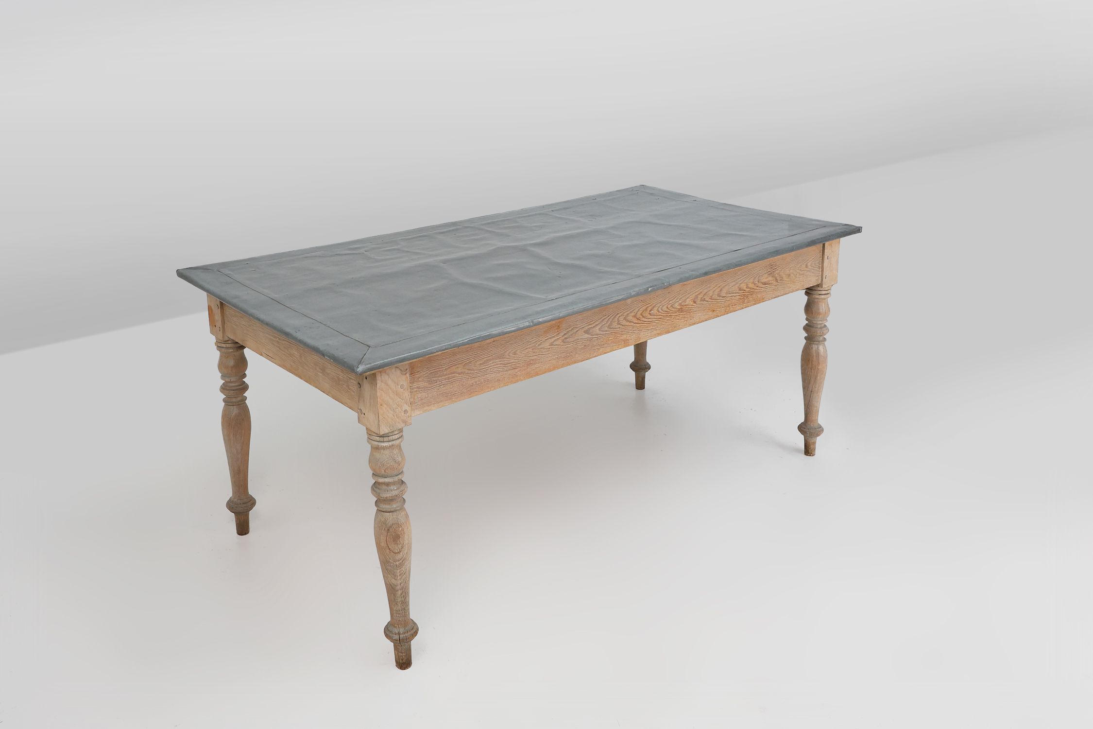 Rustic French pine wood dinner table with zinc top, ca. 1850thumbnail